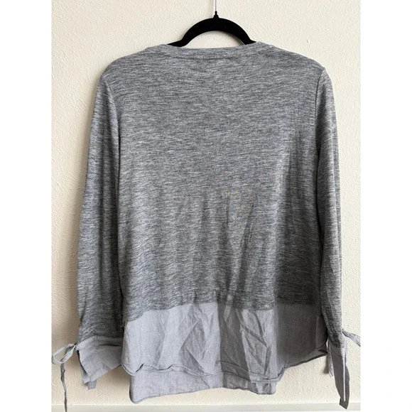 Loft Gray Heathered Mixed Media Tie Cuff Long Sleeve Top Womens Size Medium - Picture 2 of 3